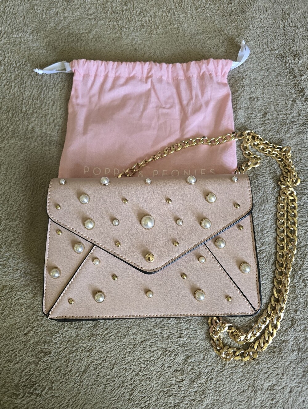 Poppy & Peonies Light Pink Pearl And Gold Embellished Clutch